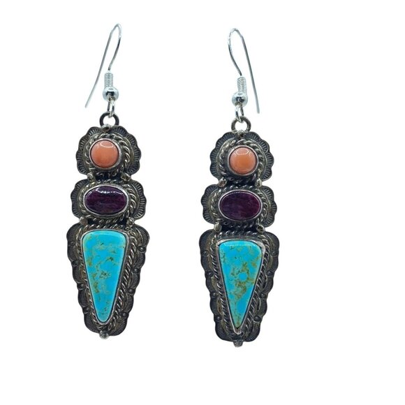 Sterling Silver 3 Stone Stamped Turquoise Coral Sugalite Dangle Earrings Native - Picture 2 of 10